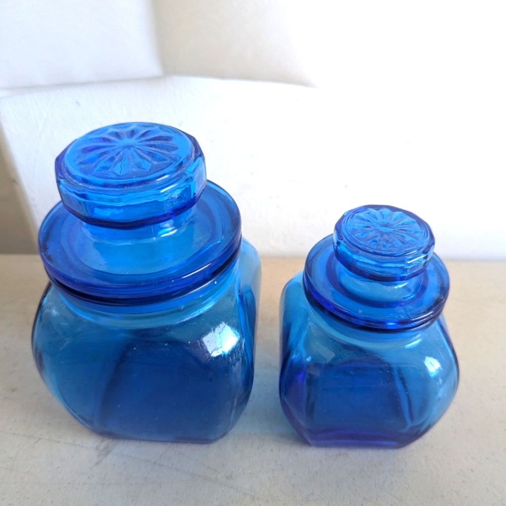 Vintage Blue Glass - Bathroom Canister Set - Two Jars With Lids